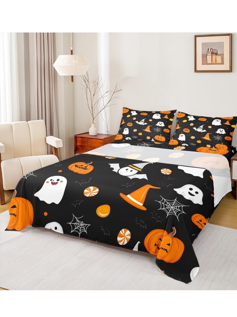 Feelyou Twin Halloween Sheet Set 3pc Cute Spooky Ghost Pumpkin Web Bedding NEW⁠
